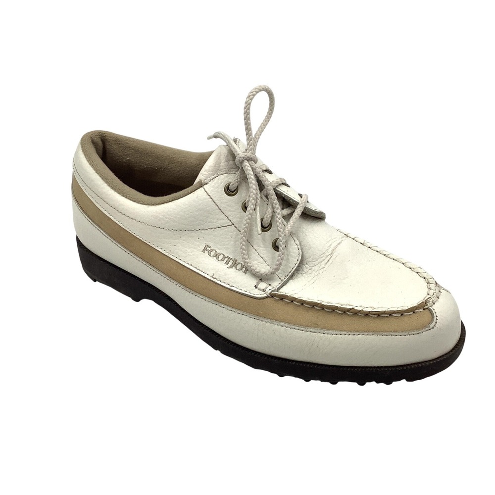 Footjoy Golf Shoes 98512 Ladies 7.5 M White Tan Stripe Leather Pebble Womens